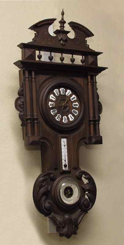 Appraisal: FRENCH CARVED WALL CLOCK WITH THERMOMETER AND BAROMETER Carved pediment