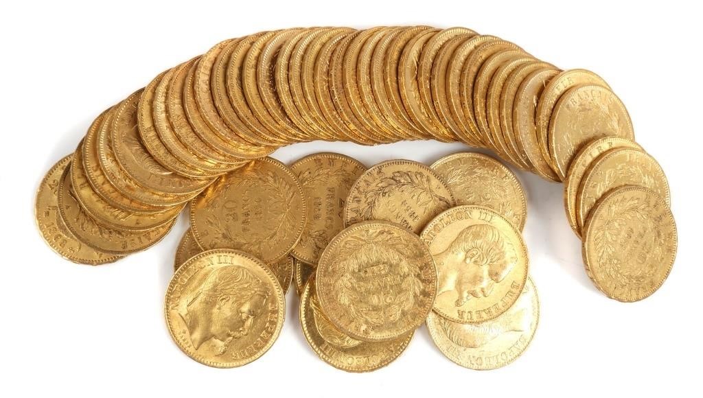 Appraisal: fifty French gold coins francs dates vary s to early