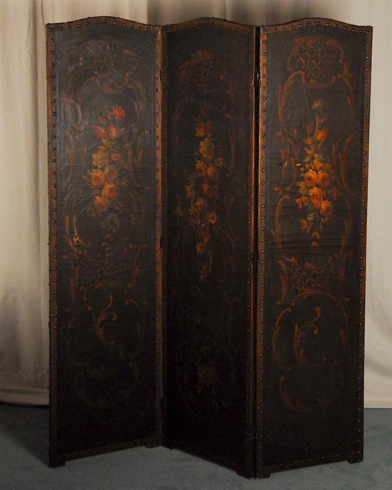 Appraisal: A Painted Leather Floor Screen three fold with bound and