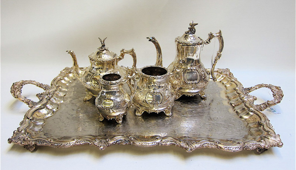 Appraisal: SILVER PLATED COFFEE TEA SET PLUS TRAY pieces The English