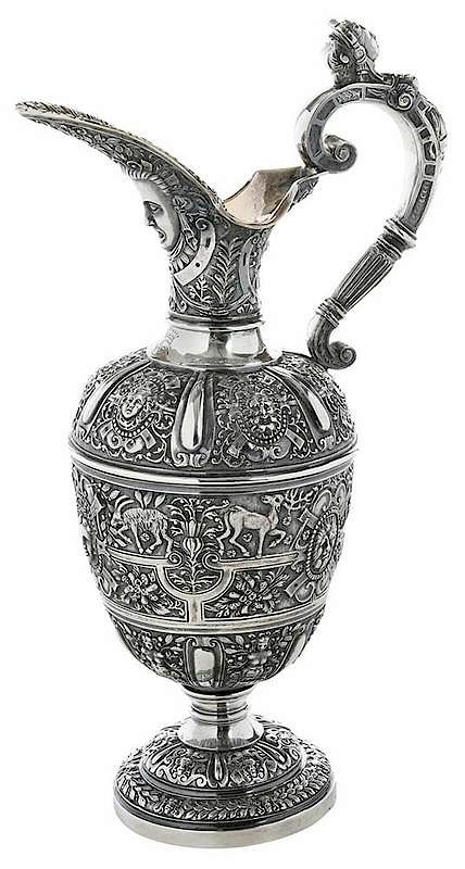 Appraisal: Hunt Roskell Silver Pitcher London urn form mask spout caryatid