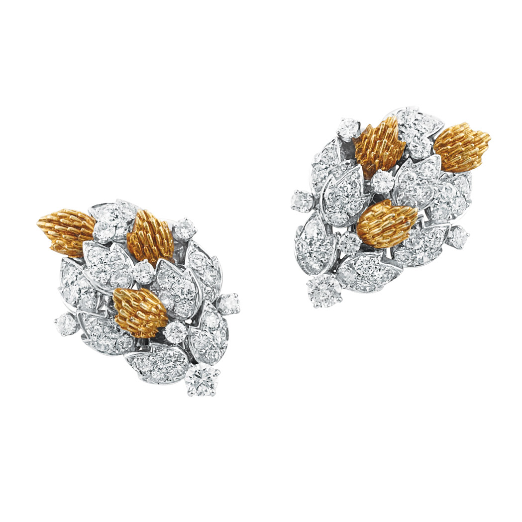 Appraisal: Pair of Platinum Gold and Diamond Leaf Earclips Composed of