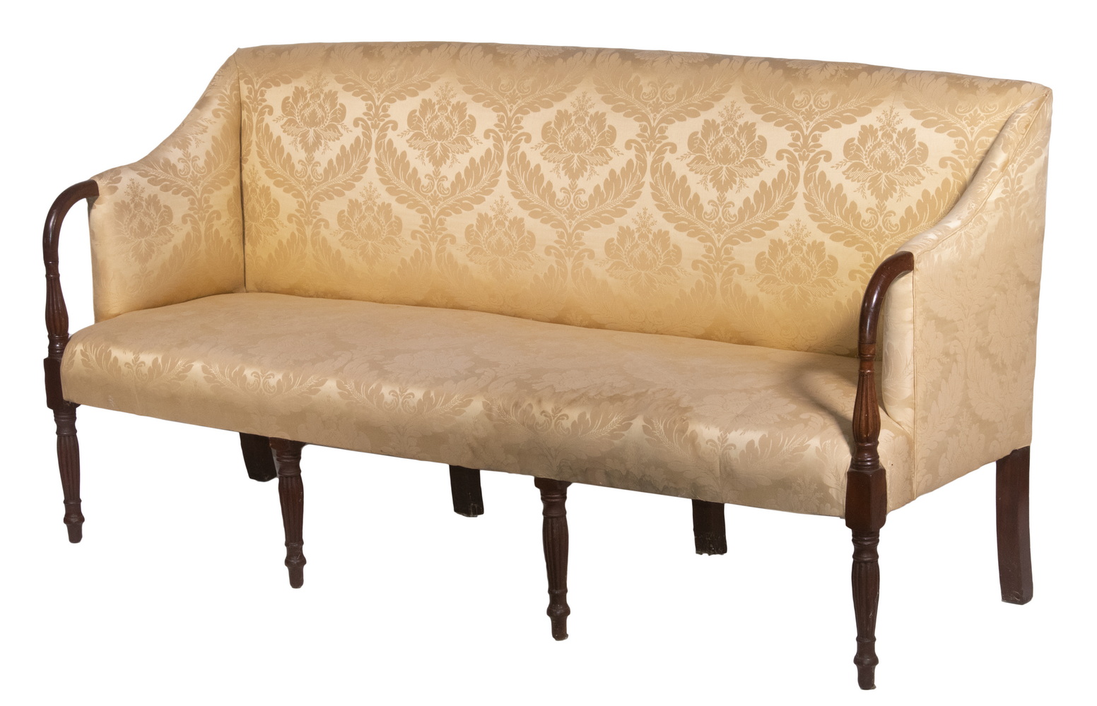 Appraisal: SHERATON SOFA Mahogany Three-Seater Sofa with gently shaped back swan