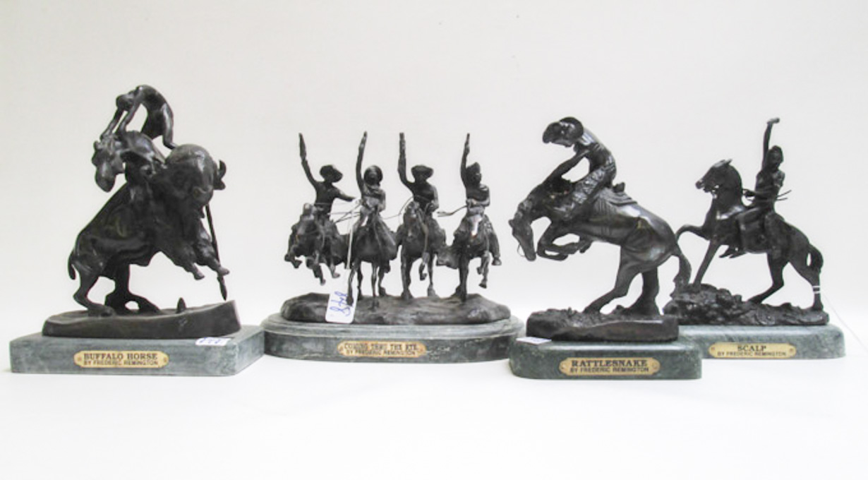 Appraisal: FOUR CAST BRONZE SCULPTURES AFTER FREDERIC REMINGTON Coming Thru the