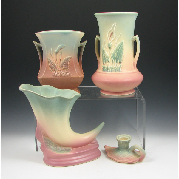 Appraisal: Hull Calla Lily - Cornucopia Vases Candle Lot of four