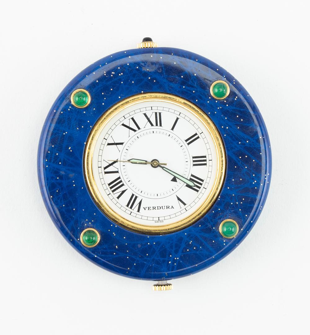 Appraisal: VERDURA LAPIS-COLORED STONE AND GILT METAL TRAVEL CLOCK TH CENTURY