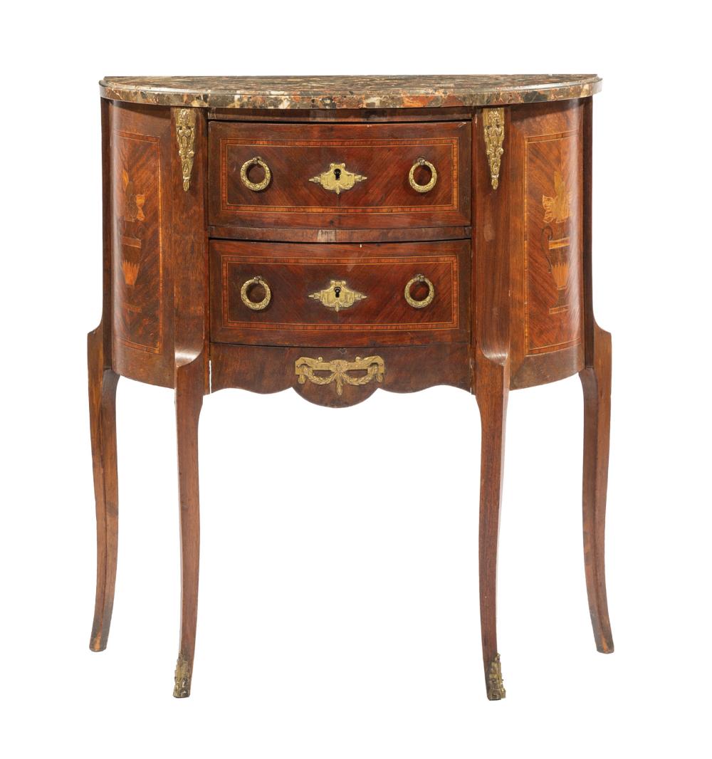 Appraisal: Louis XV-Style Inlaid and Brass-Mounted Mahogany Demilune Commode late th