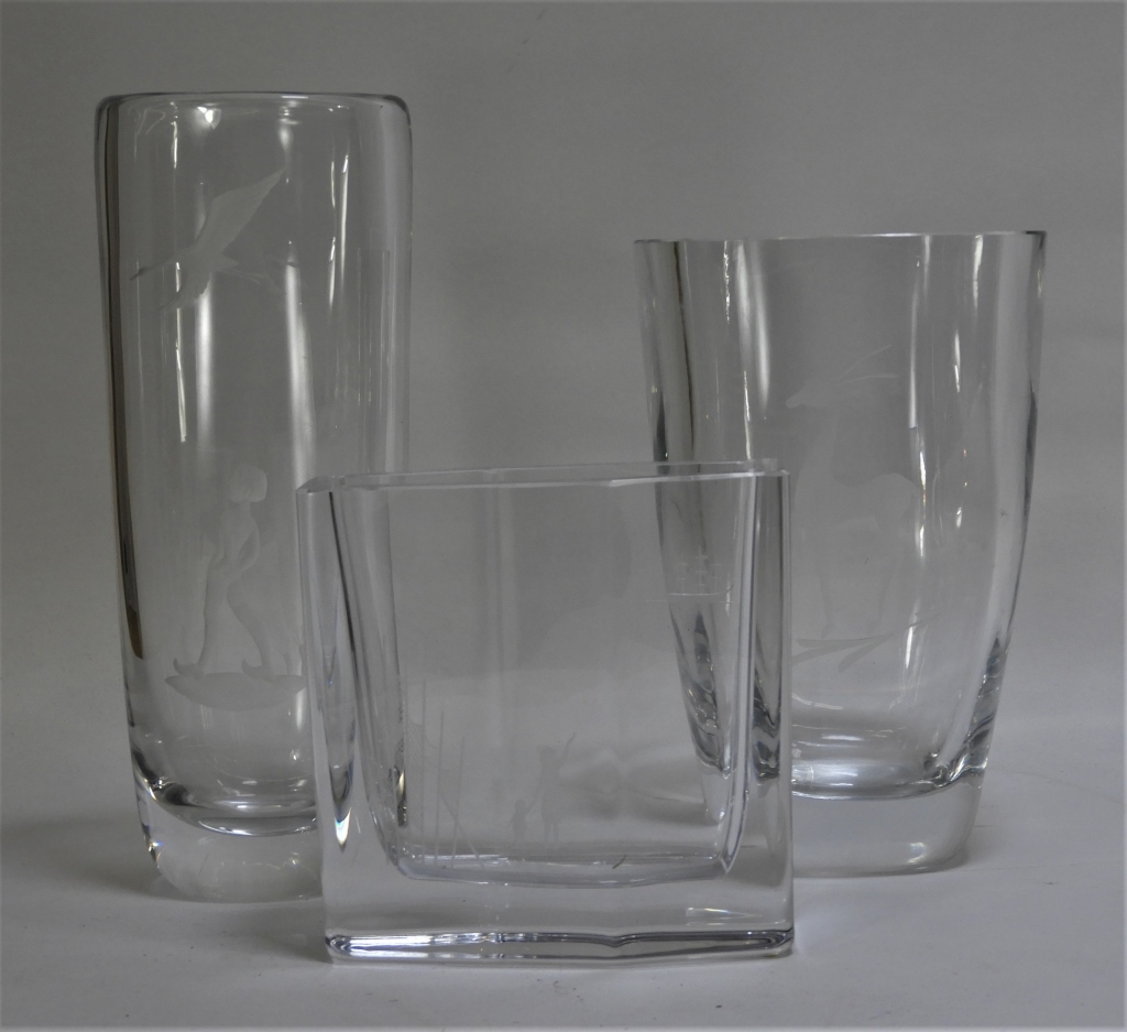 Appraisal: PC ORREFORS FIGURAL ETCHED CRYSTAL GLASS VASES Sweden th CenturyIncludes