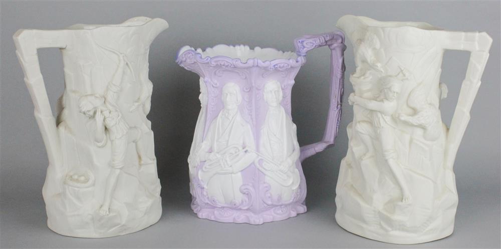 Appraisal: AN ALCOCK LAVENDER 'DISTIN' JUG AND TWO WHITE PARING JUGS