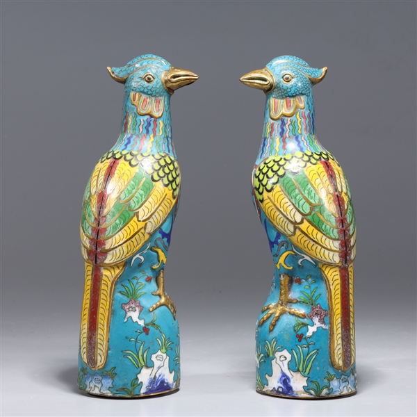 Appraisal: Pair of antique Chinese cloisonne enameled bird statues with gilt