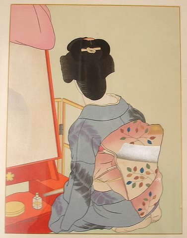 Appraisal: Woman seated with back facing viewer color woodcut x sight