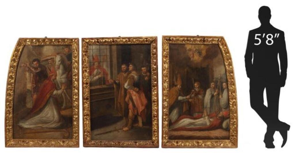 Appraisal: Framed Spanish School oil on canvas triptych center sight approx