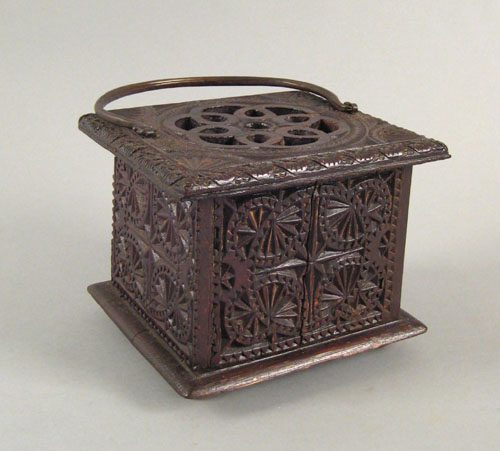 Appraisal: Frisian carved oak foot warmer ca with wrought iron bail