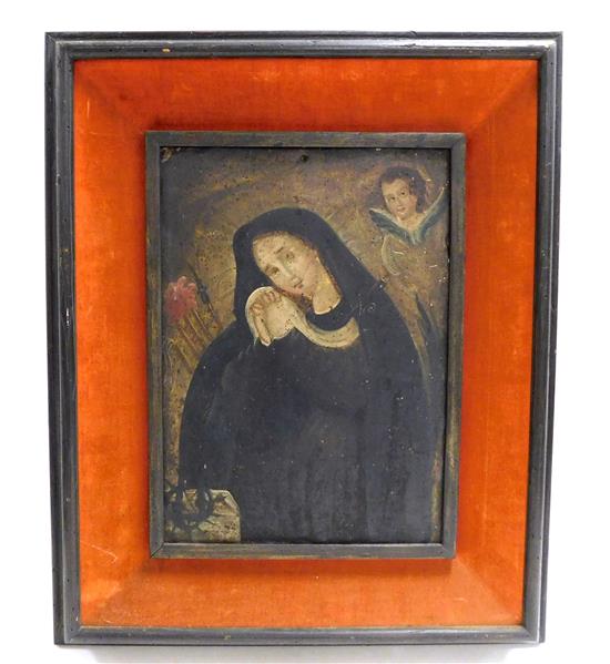 Appraisal: th C Mexican retablo oil on tin Madonna of Sorrows