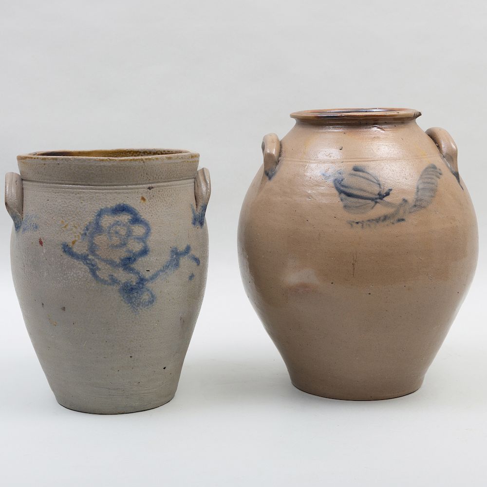 Appraisal: Two Large American Salt Glazed Stoneware Crocks The larger x