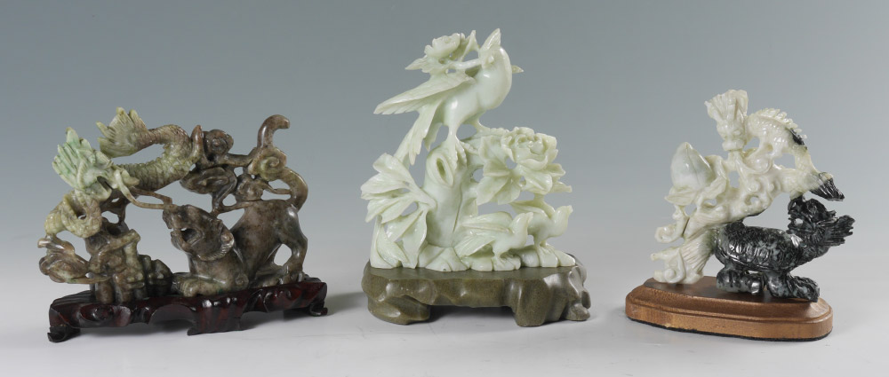 Appraisal: CHINESE CARVED SOAPSTONE GROUPINGS pieces to include Figures of a