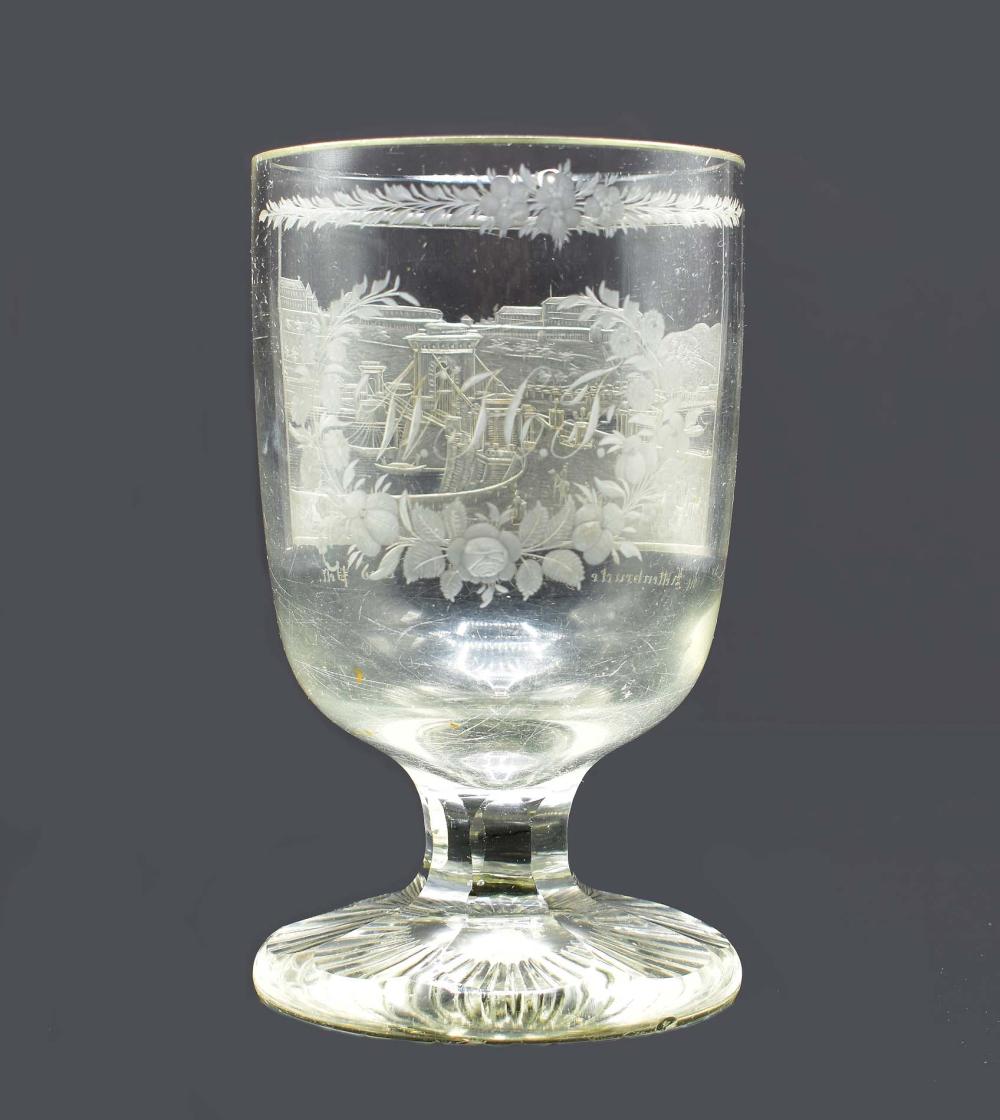 Appraisal: BOHEMIAN ENGRAVED COLORLESS GLASS GOBLET th Century The circular bowl