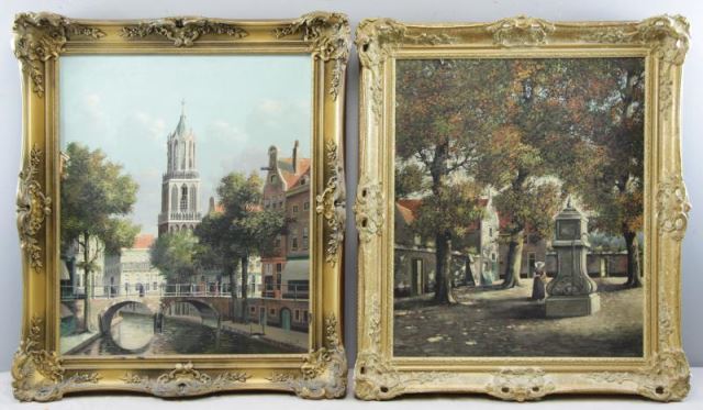 Appraisal: DISPO J L Two Oil on Canvas Street Scenes Jacobus