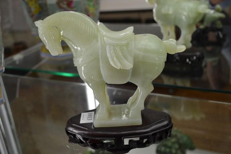 Appraisal: JADE TANG STYLE HORSE ON WOODEN STAND