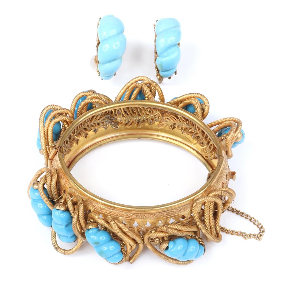 Appraisal: MIRIAM HASKELL HINGED BRASS BANGLE BRACELET AND EARRINGS WITH TURQUOISE