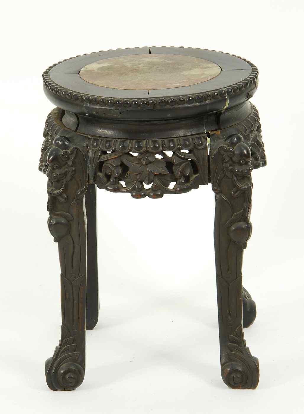 Appraisal: CHINESE ROUGE MARBLE-TOP CARVED WOOD STANDMid- th CenturyHeight Diameter of