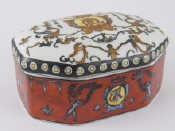 Appraisal: A ceramic hexagonal covered casket ToussiCourt red overglaze stamp to