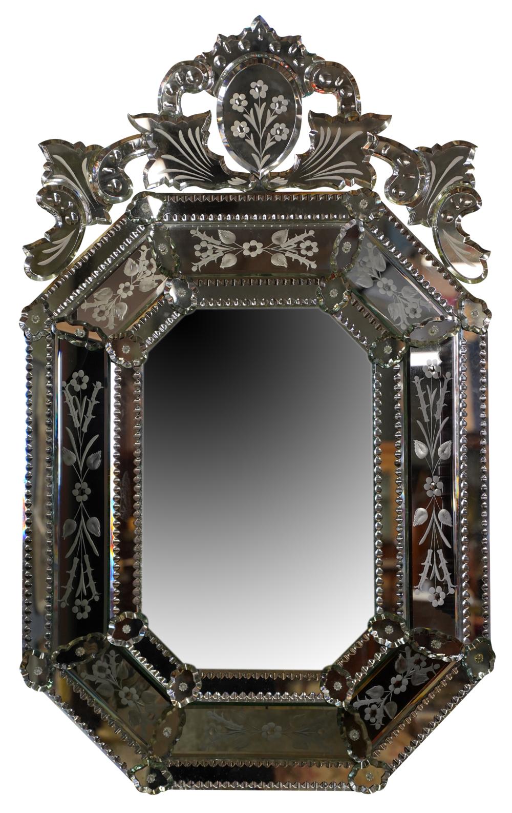 Appraisal: VENETIAN GLASS WALL MIRRORwith etched cushion frame approximately x inches