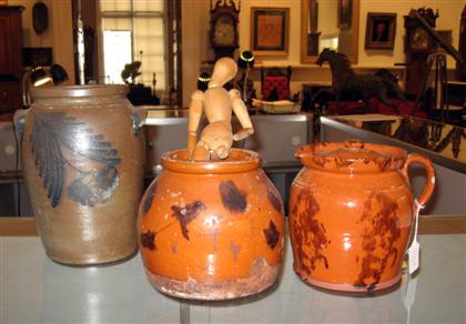 Appraisal: Three piece redware and stoneware group th century Including a