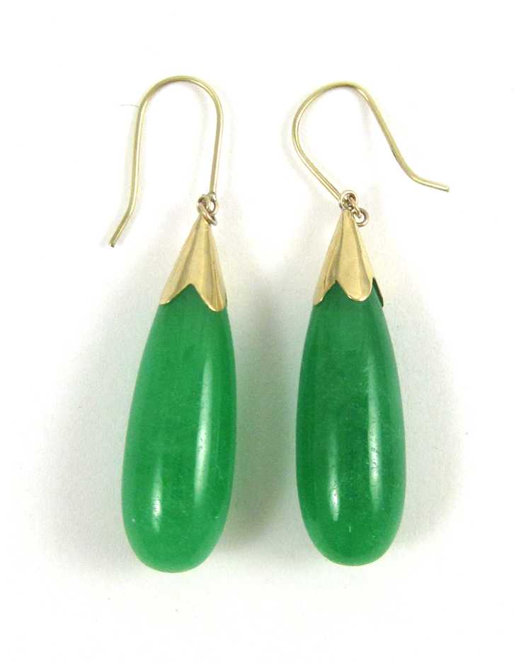 Appraisal: PAIR OF GREEN JADE DANGLE EARRINGS each with a green