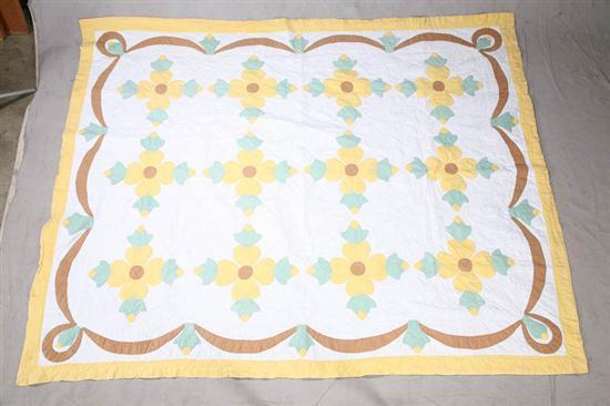 Appraisal: FLORAL APPLIQUE QUILT Yellow tan and green floral quilt with