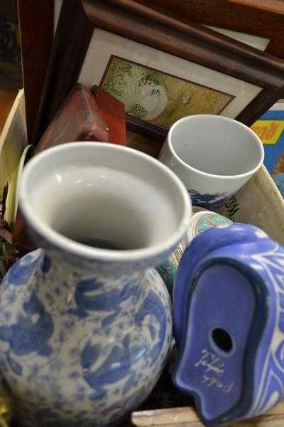 Appraisal: BOX OF ASSORTED ITEMS INCL POTTERY WATERCOLOURS BLUE WHITE ETC