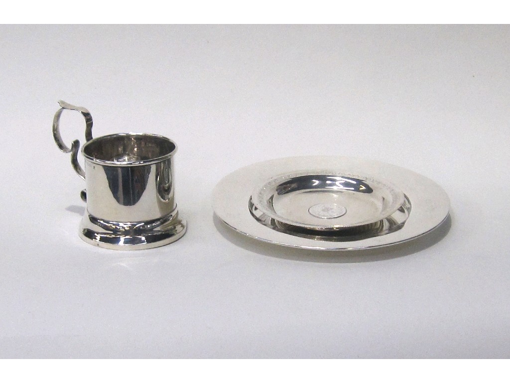 Appraisal: Lot comprising two silver dishes and a silver cup holder