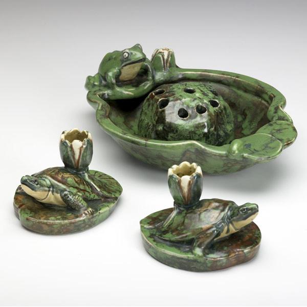 Appraisal: WELLER Coppertone four items frog bowl with flower frog x