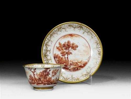 Appraisal: SMALL CUP AND SAUCER WITH LANDSCAPE IN IRON RED Meissen