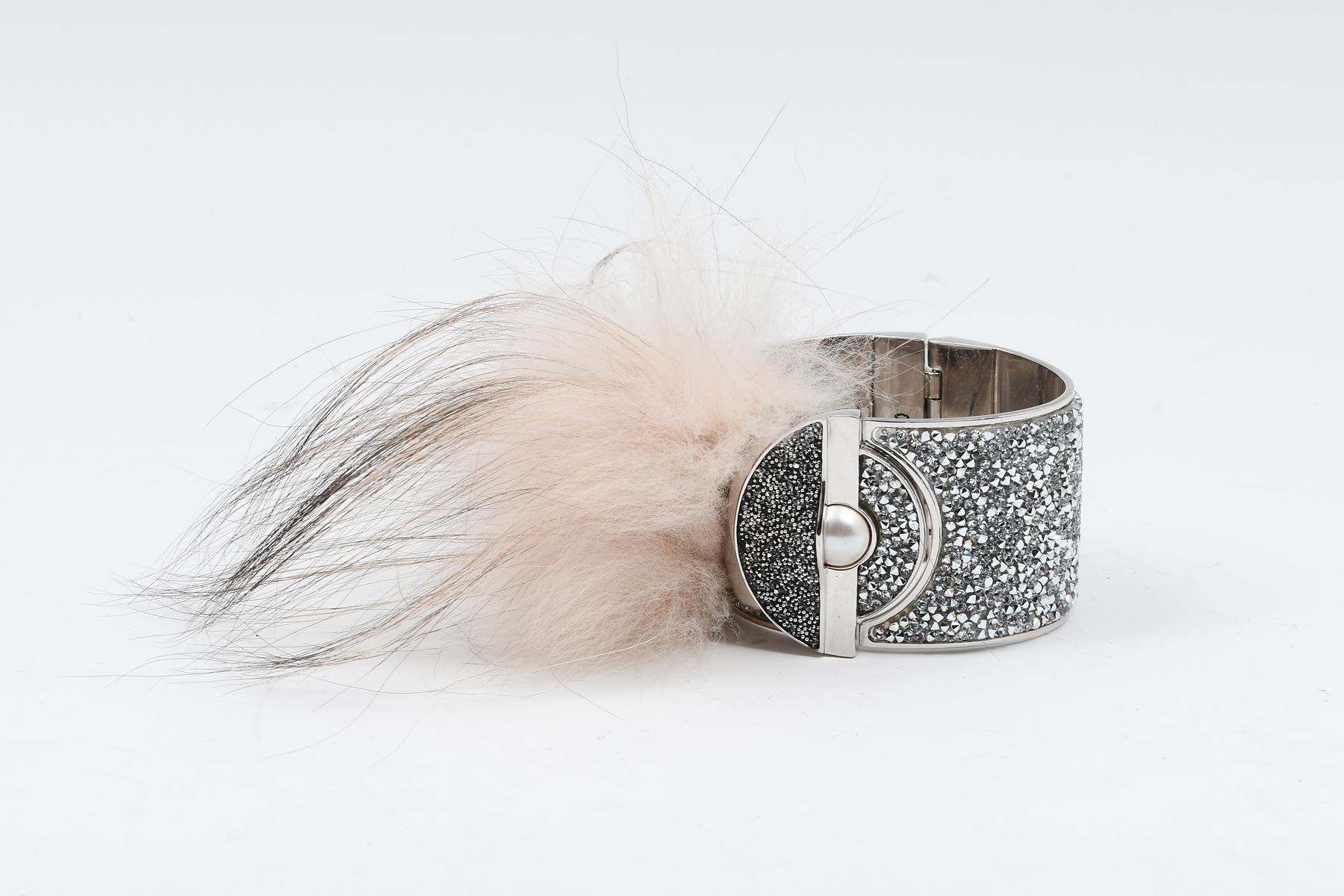 Appraisal: FENDI SILVER CRYSTAL FOX FUR BANGLE BRACELET Silver metal hinged