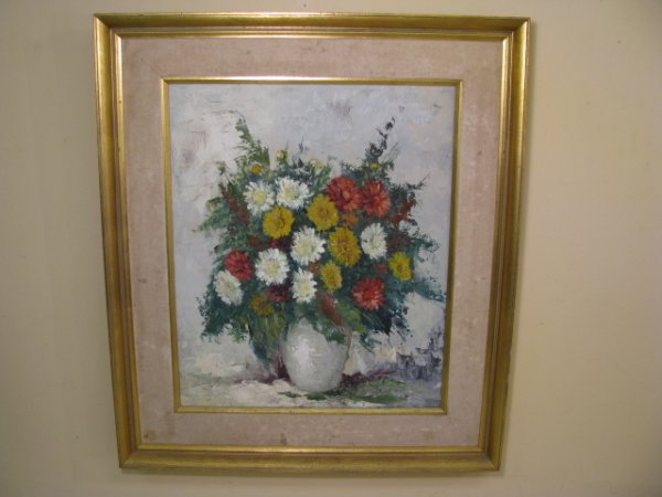 Appraisal: Oil on canvas floral still life of chrysanthemums in various