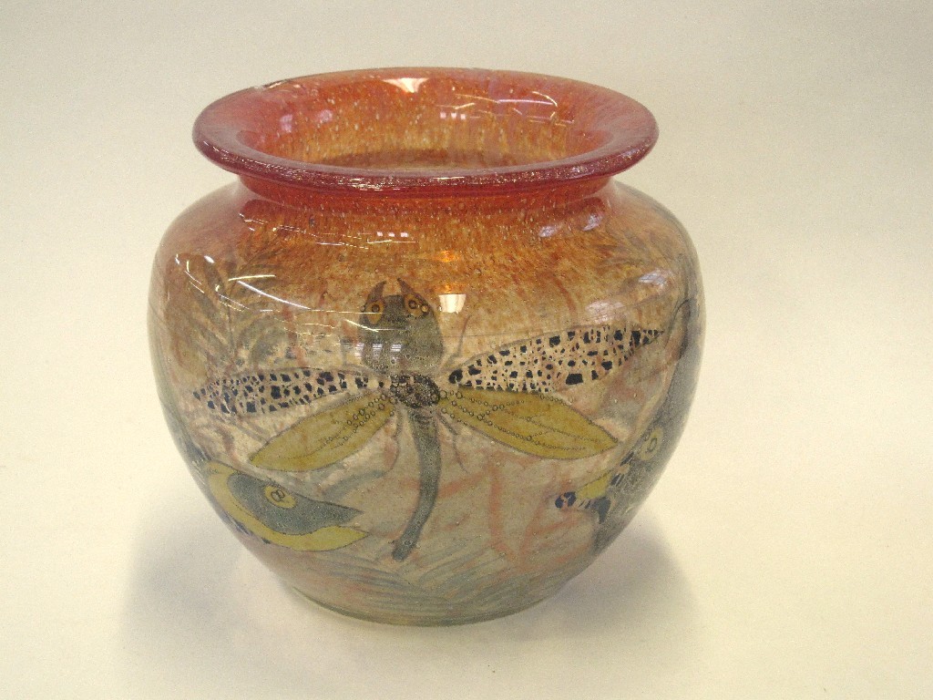 Appraisal: John o'Lyth glass bowl decorated with fish and a dragonfly