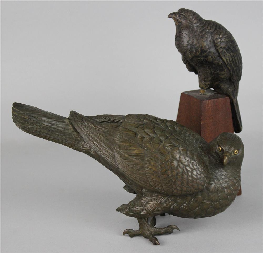 Appraisal: TWO JAPANESE BRONZE MODELS OF HAWKS MEIJI PERIOD AND LATER