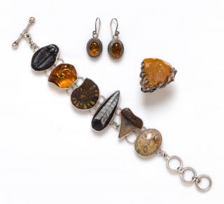 Appraisal: A Collection of Silver Amber Fossil and Druzy Agate Jewelry