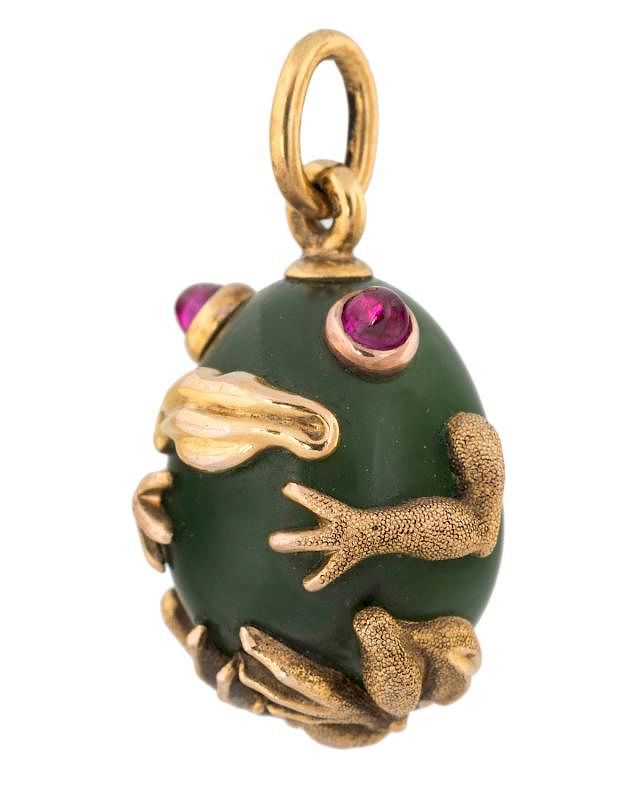 Appraisal: A FABERGE JEWELED GOLD-MOUNTED NEPHRITE MINIATURE EGG PENDANT IN A