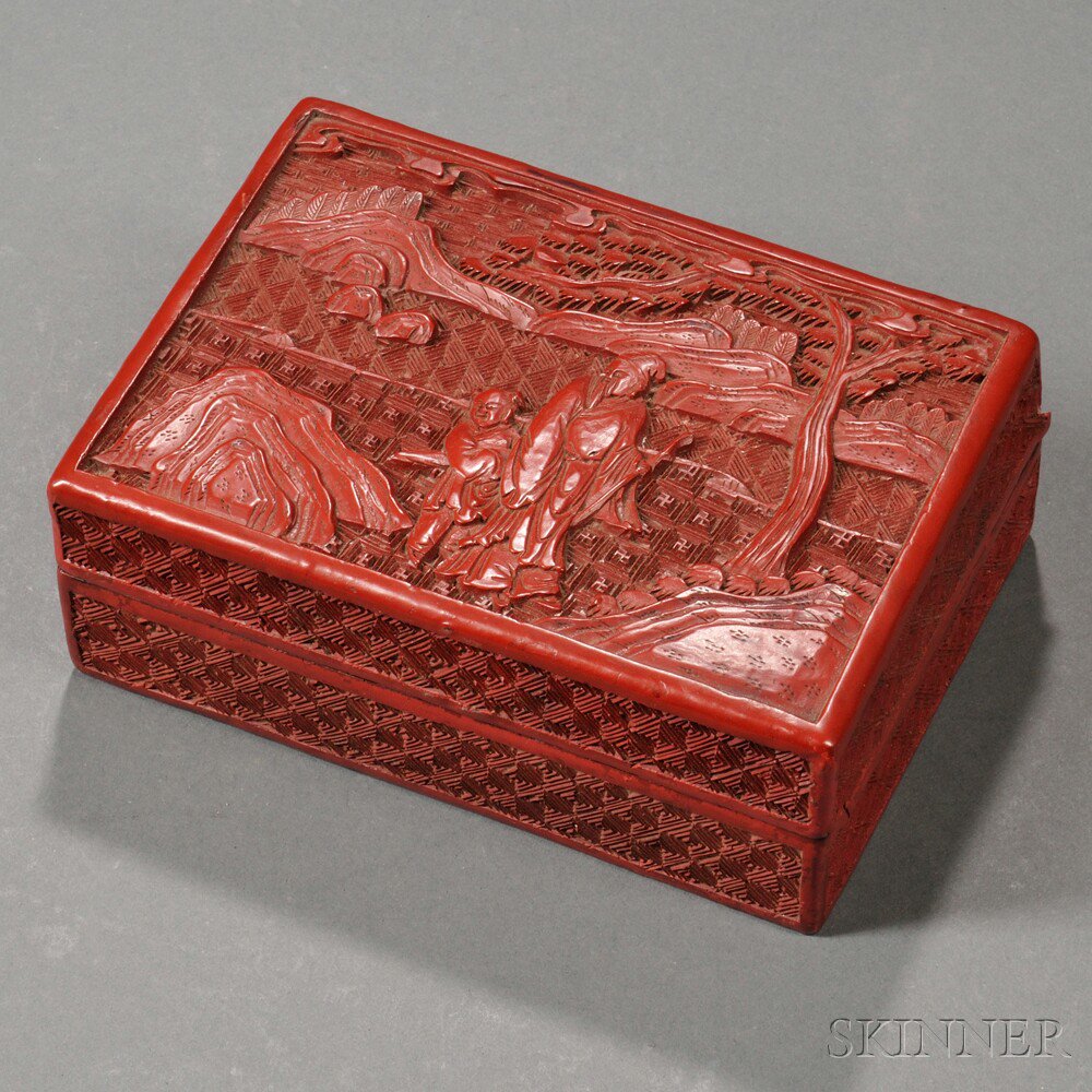 Appraisal: Red Lacquer Covered Box China rectangular decorated with a Daoist