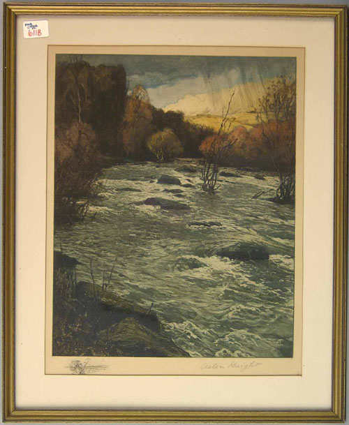 Appraisal: Louis Aston Knight colored engraving of a river landscape pencil