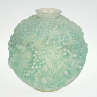 Appraisal: R Lalique Druides green patinated glass vase Circa s engraved