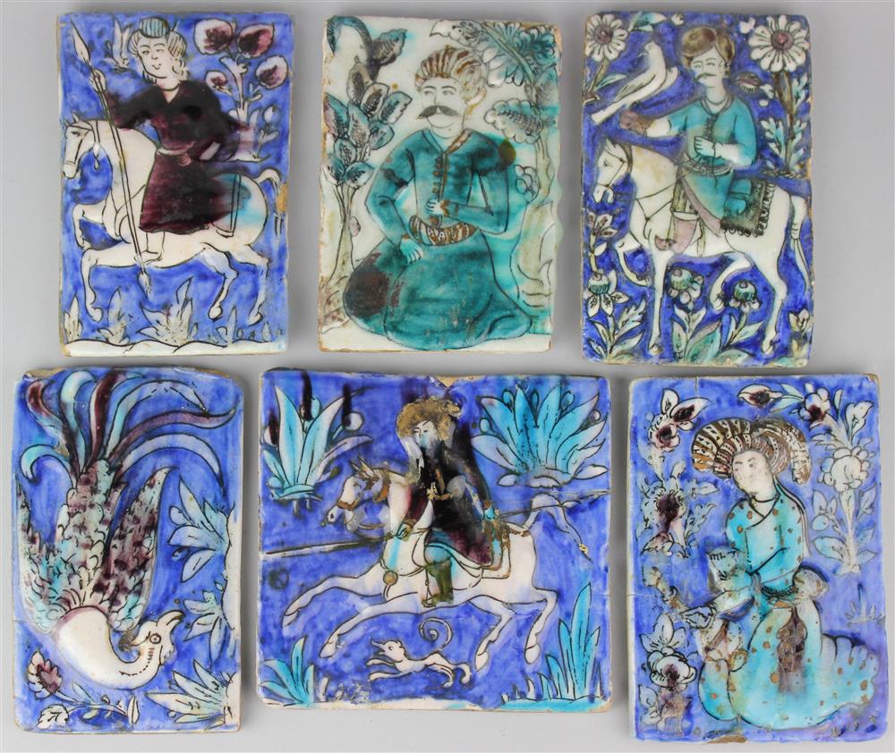 Appraisal: SIX PERSIAN TILES rectangular molded with hunters on horseback a