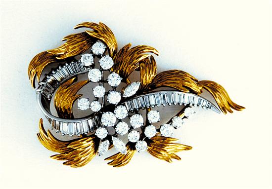 Appraisal: Diamond and platinum brooch with gold jacket brilliant-and-baguette-cut diamonds G-H