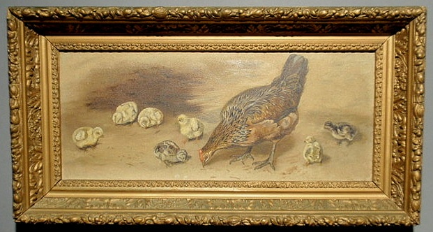 Appraisal: Oil on board painting late th c of hen with