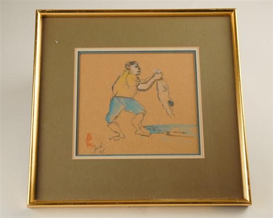 Appraisal: Juichi Kamikura Kamikura Man Dunking Baby Watercolor signed and dated