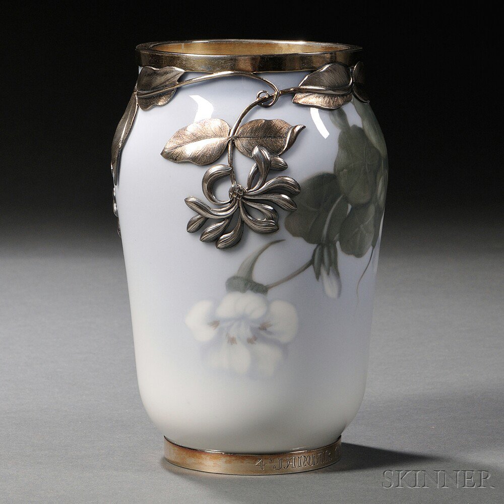 Appraisal: Royal Copenhagen Sterling Silver-mounted Porcelain Vase Denmark decorated with honeysuckle