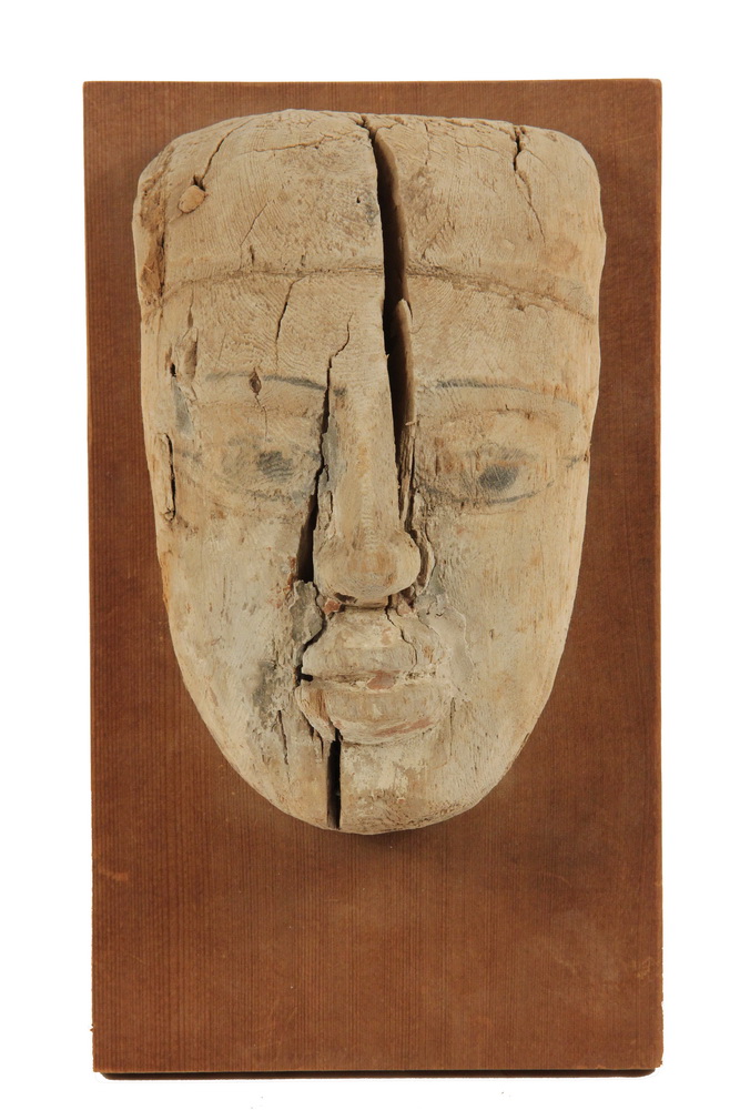 Appraisal: ANCIENT EGYPTIAN TOMB MASK - Late Period Painted Wood Sarcophagus