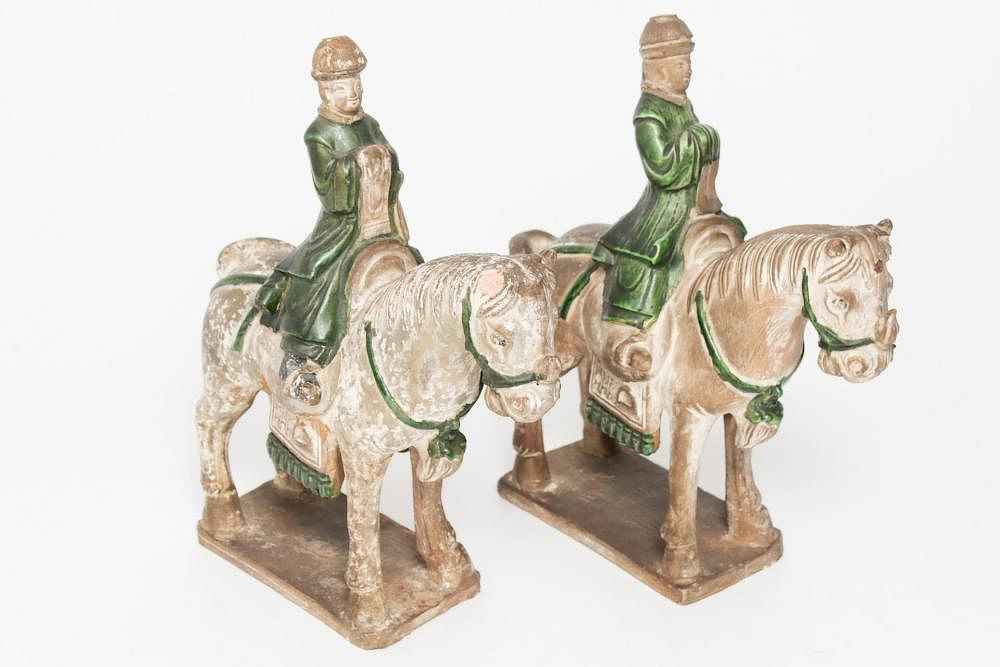 Appraisal: Chinese Sancai-Glazed Equestrian Pottery Figures Chinese Sancai-glazed equestrian pottery tomb